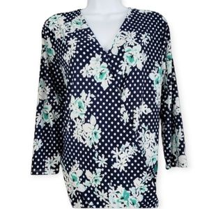 Johnny Was navy blue polka-dot floral faux-wrap blouse top Womens Medium